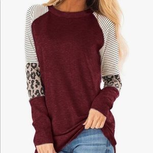 Burgundy Stripe & Leopard Long Sleeve